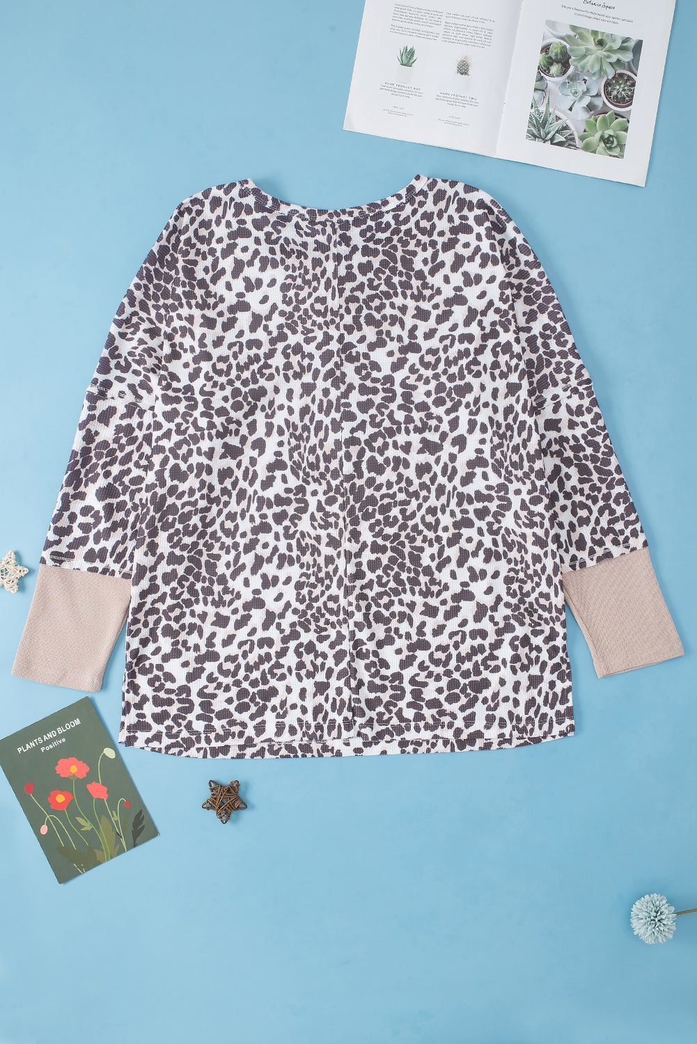 Leopard velika majica z dolgimi rokavi iz vafelj pletenine in patchwork