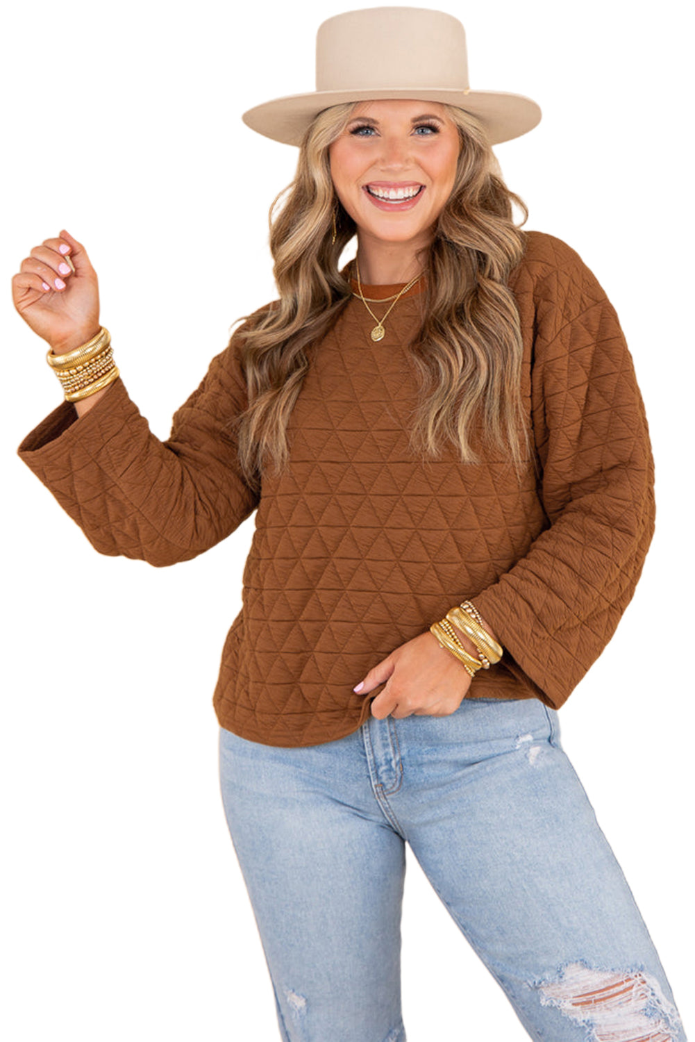 Chestnut Casual Crinkle Quilted Pullover Top