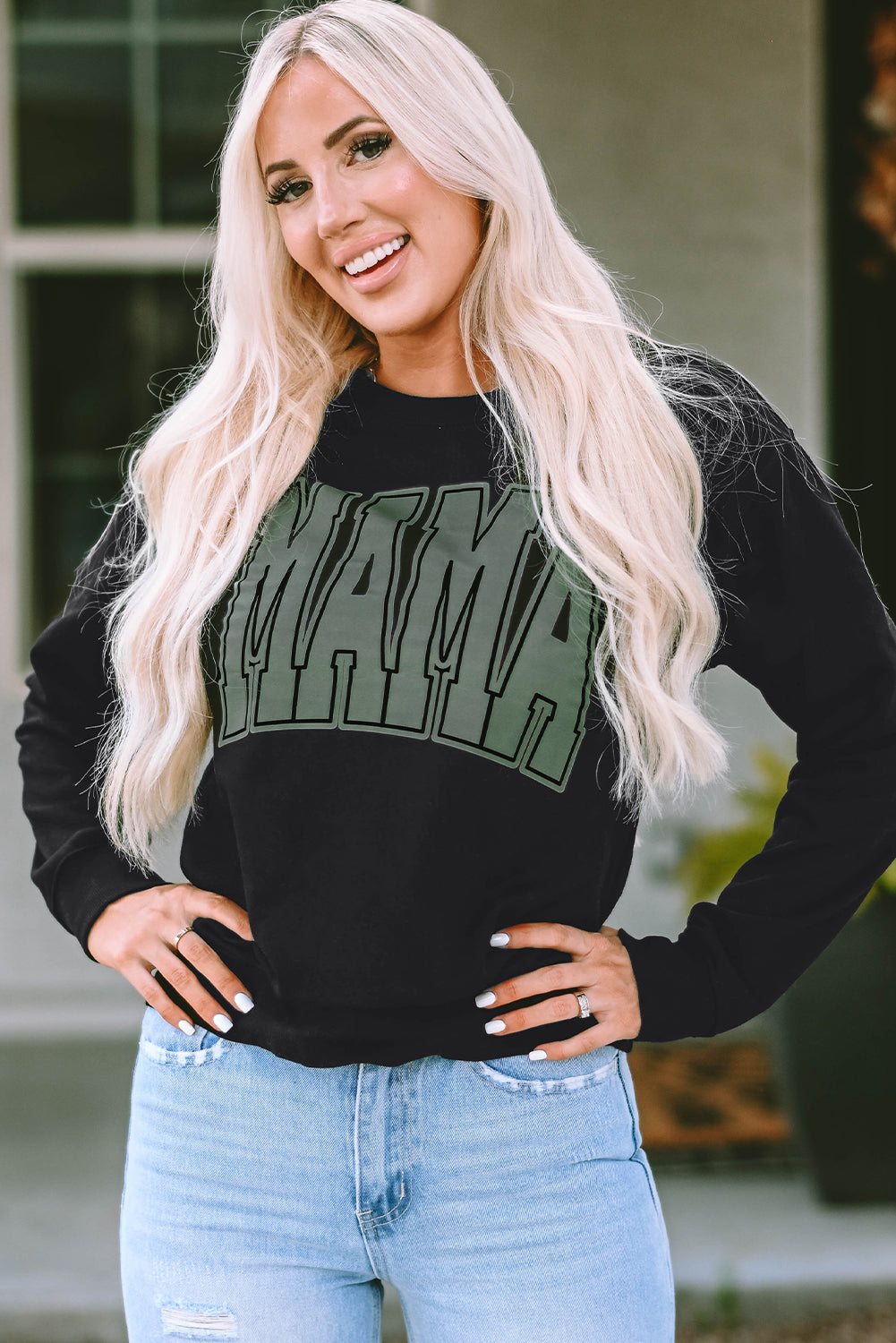 Schwarzes Mama Varsity-Sweatshirt mit Rundhalsausschnitt