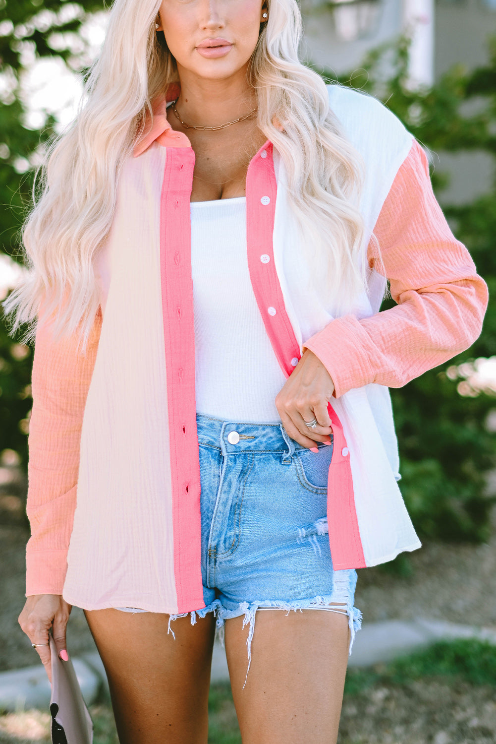 Camicia a maniche lunghe increspata patchwork color block rosa