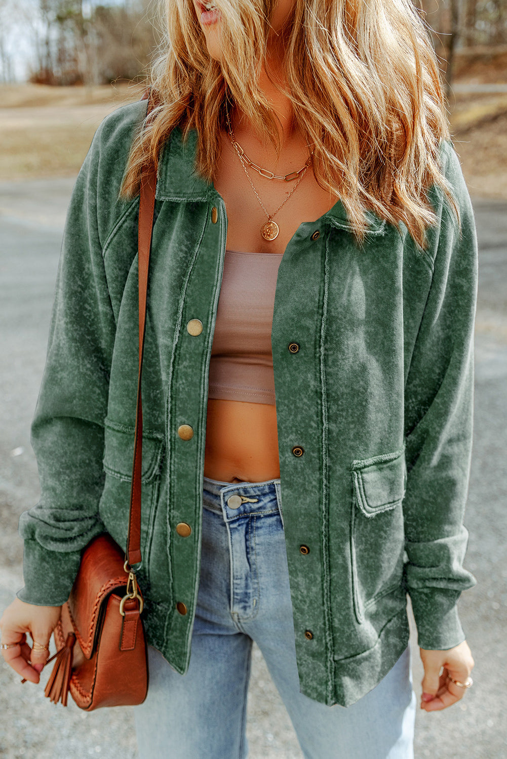 Zelena vintage isprana jakna s preklopnim džepom i gumbima