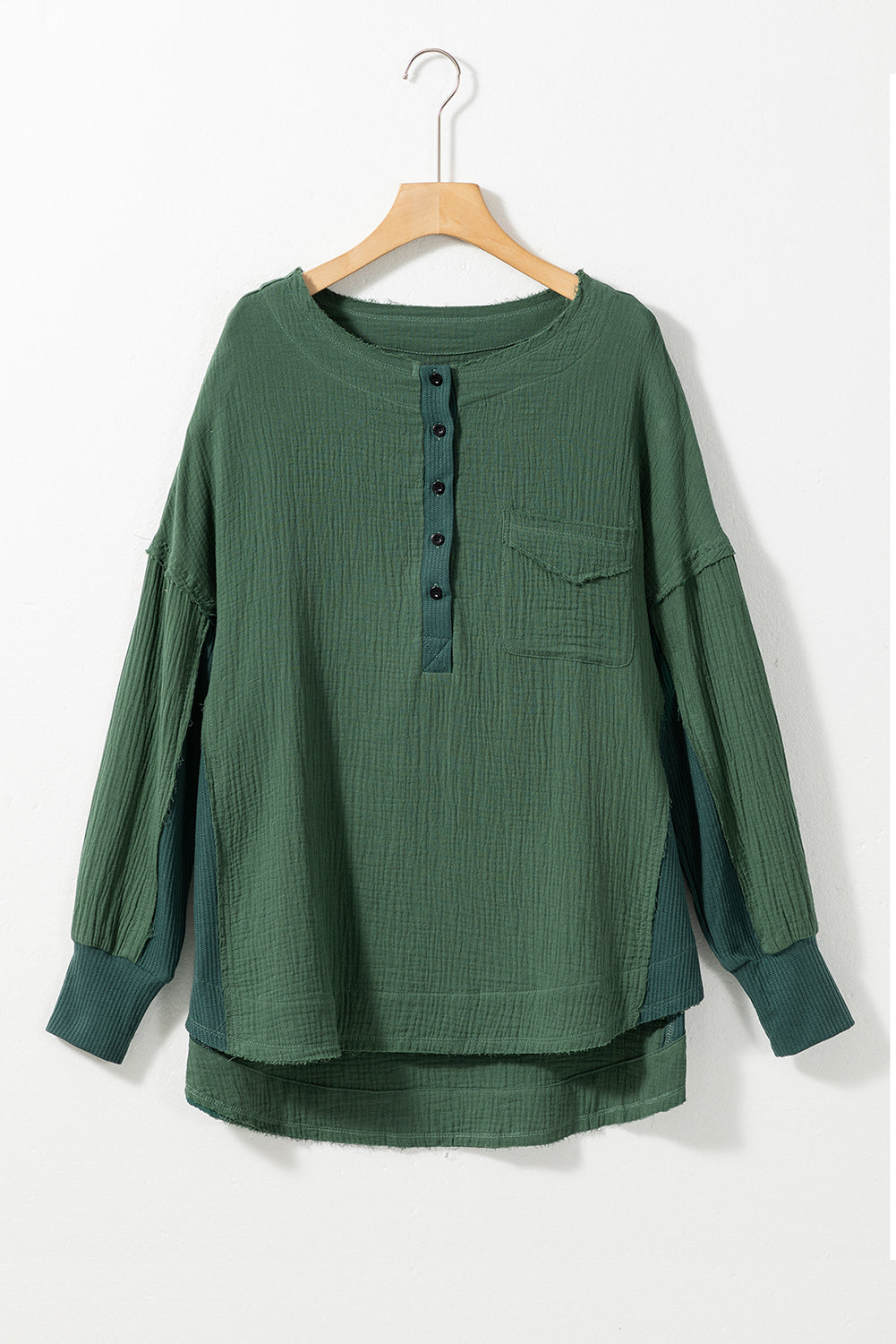 Green Textured Waffle Knit Patchwork Buttoned Neck Loose Blouse