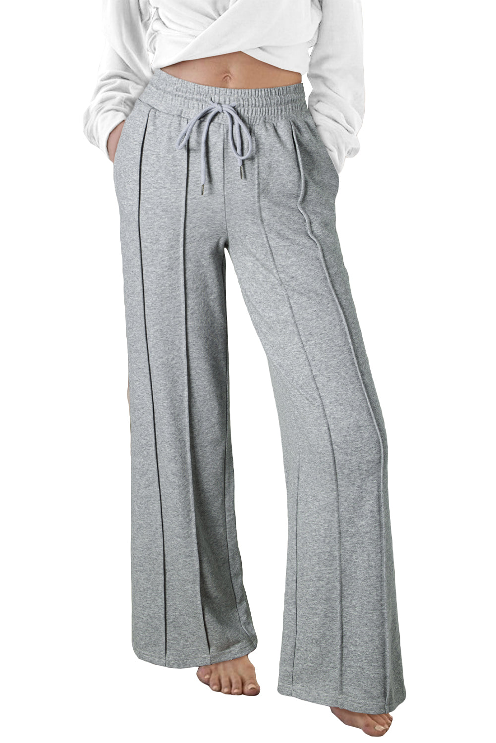 Pantalon de survêtement large taille haute avec cordon de serrage et coutures gris