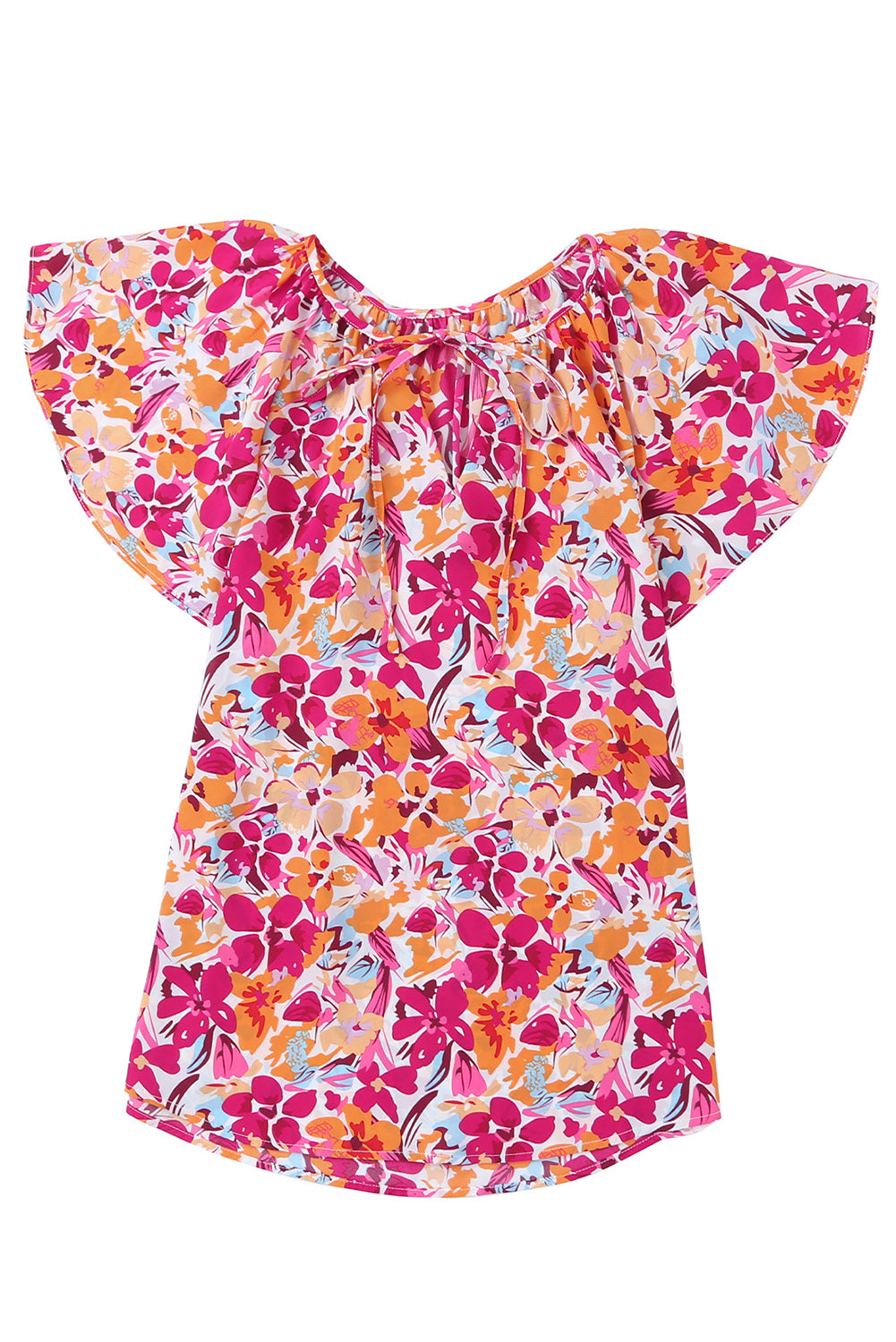Fiery Red Flutter Sleeves Floral Print Top
