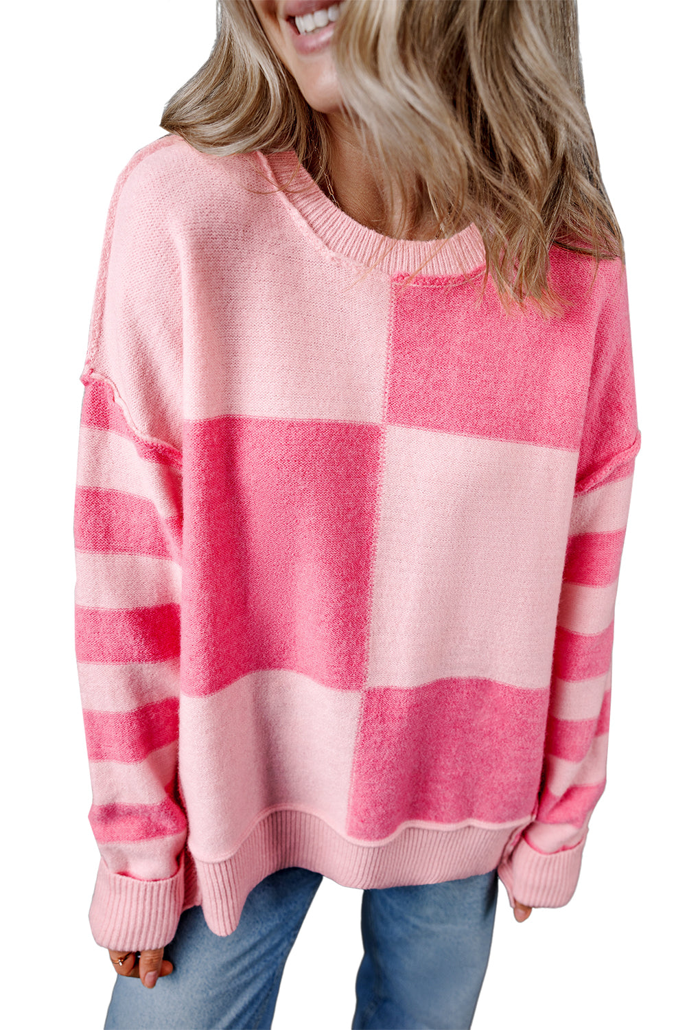 Maglione sciolto alto basso a righe color block a quadretti rosa