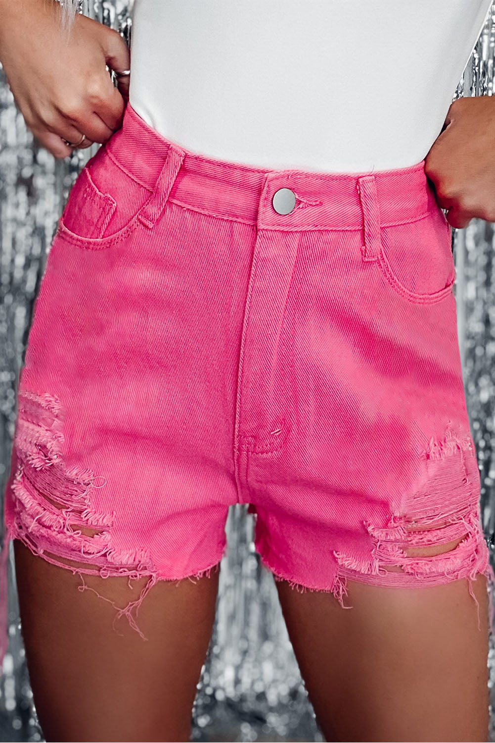Rose - Short en jean taille haute coupe slim effet vieilli
