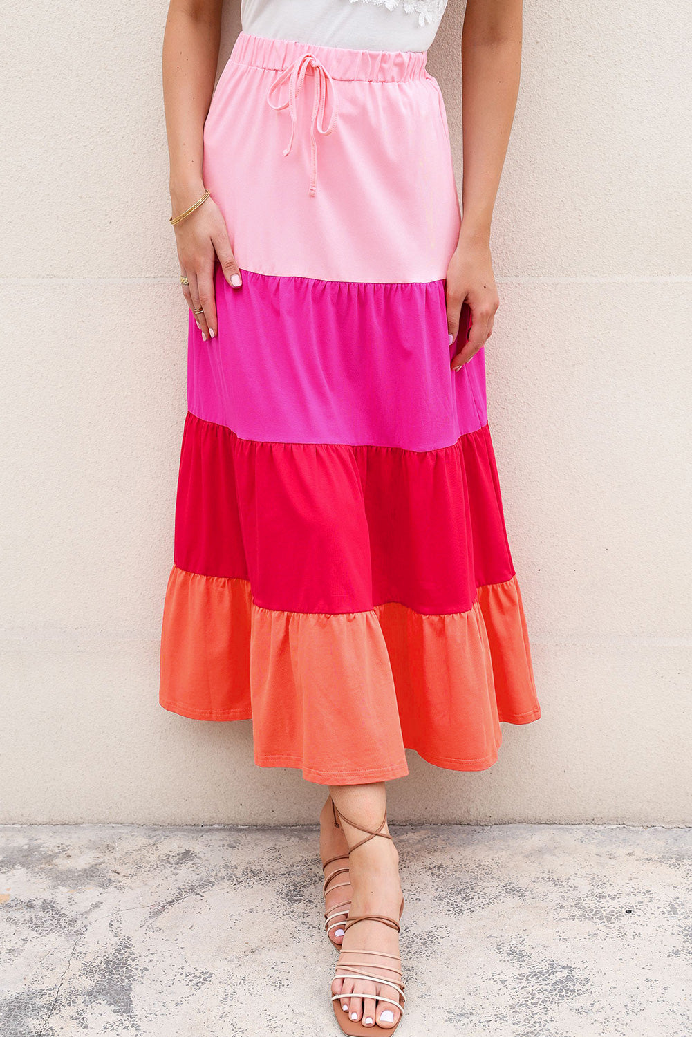 Pink Color Block Tiered Drawstring High Waist Maxi Skirt