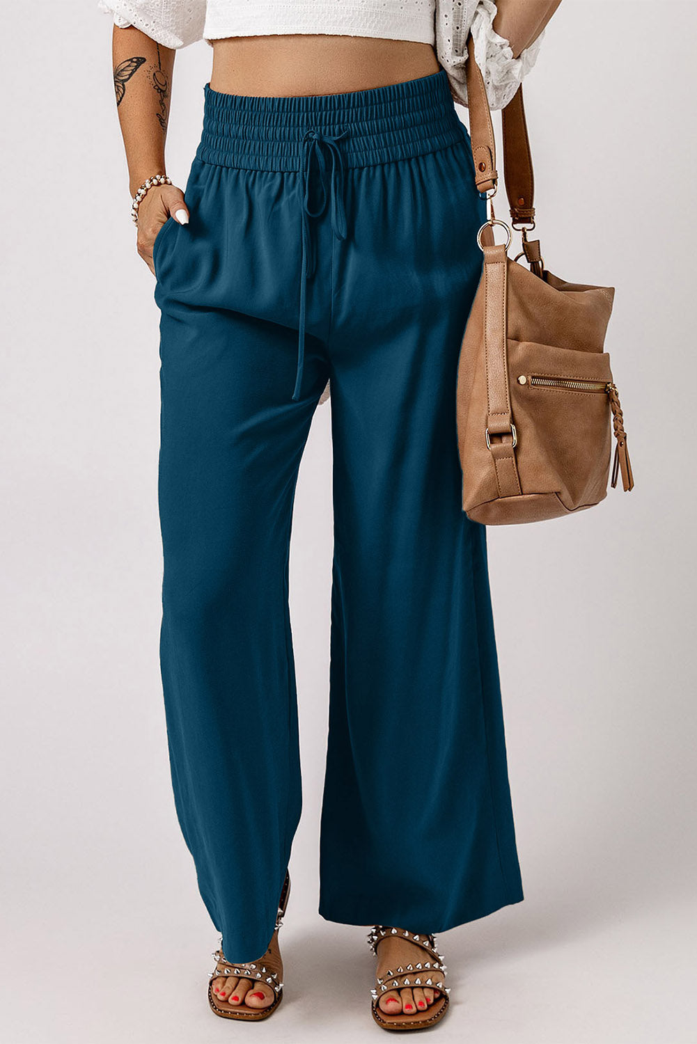 Pantaloni larghi casual con coulisse in vita blu