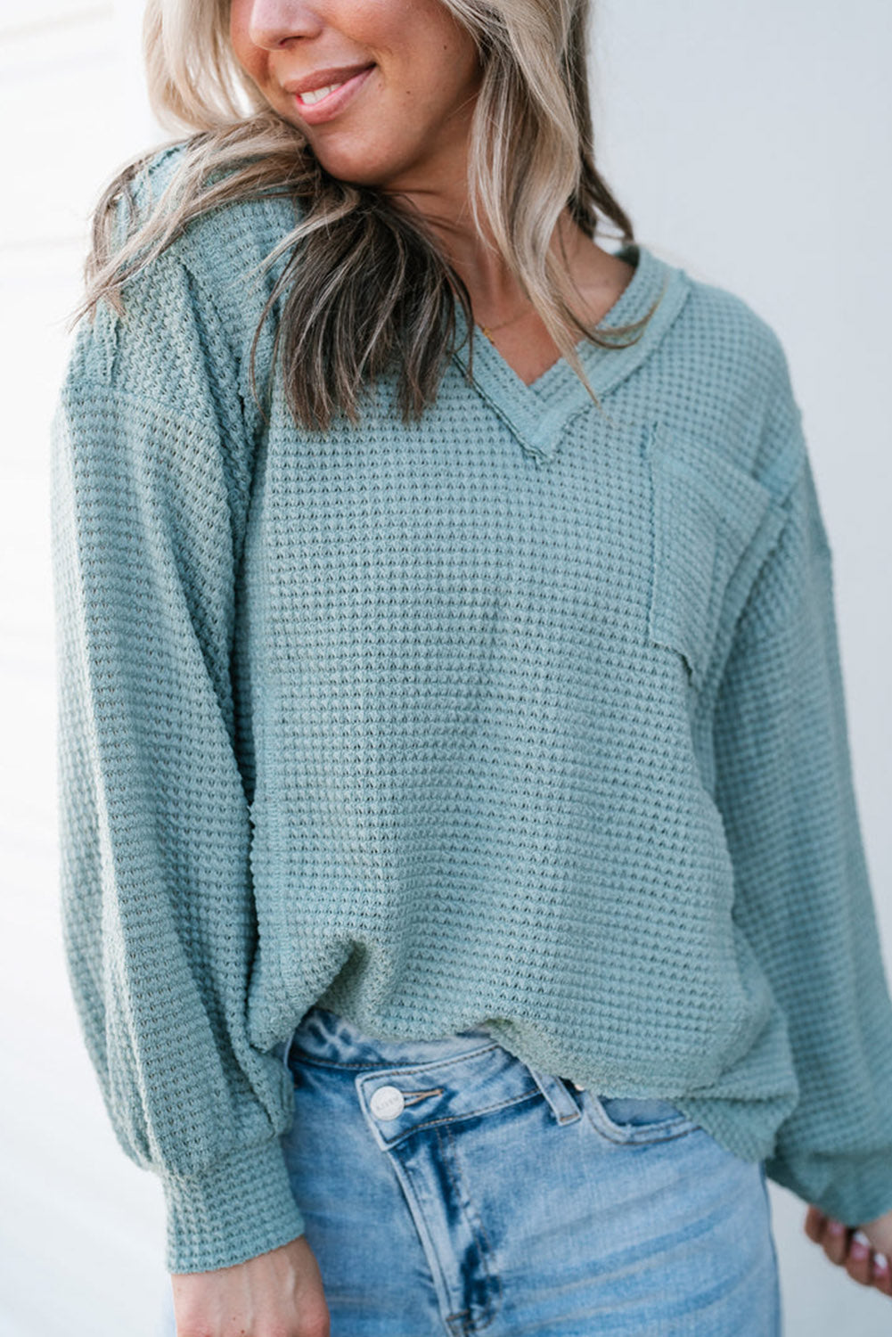 Mist Blue Raw Edge Detail Waffle Knit V Neck Top