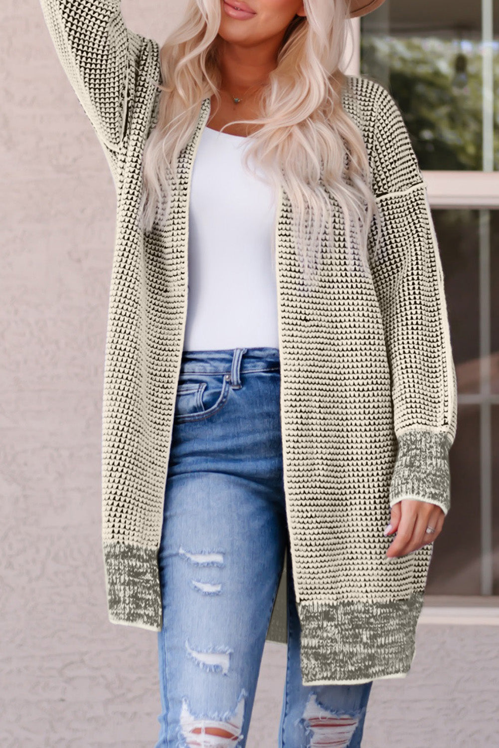 Rose Plaid Knitted Long Open Front Cardigan