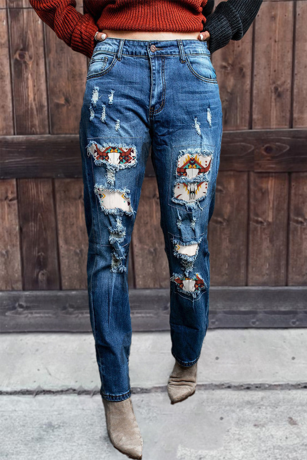 Jeans effetto consumato a vita alta patchwork con motivo occidentale