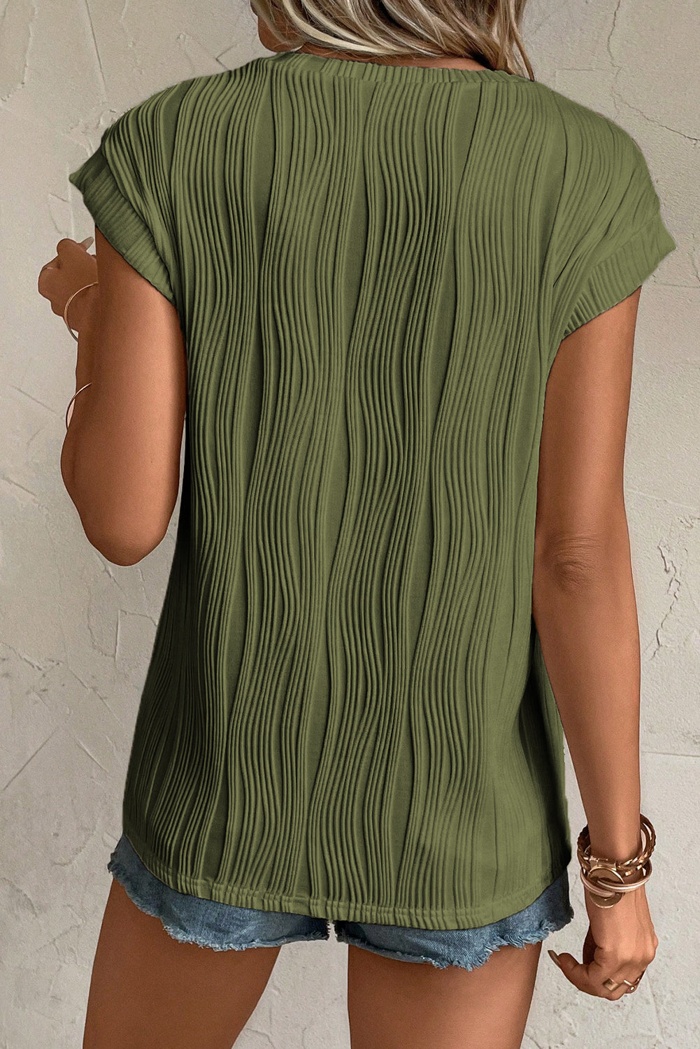 Majica z rokavi z valovito teksturo Jungle Green