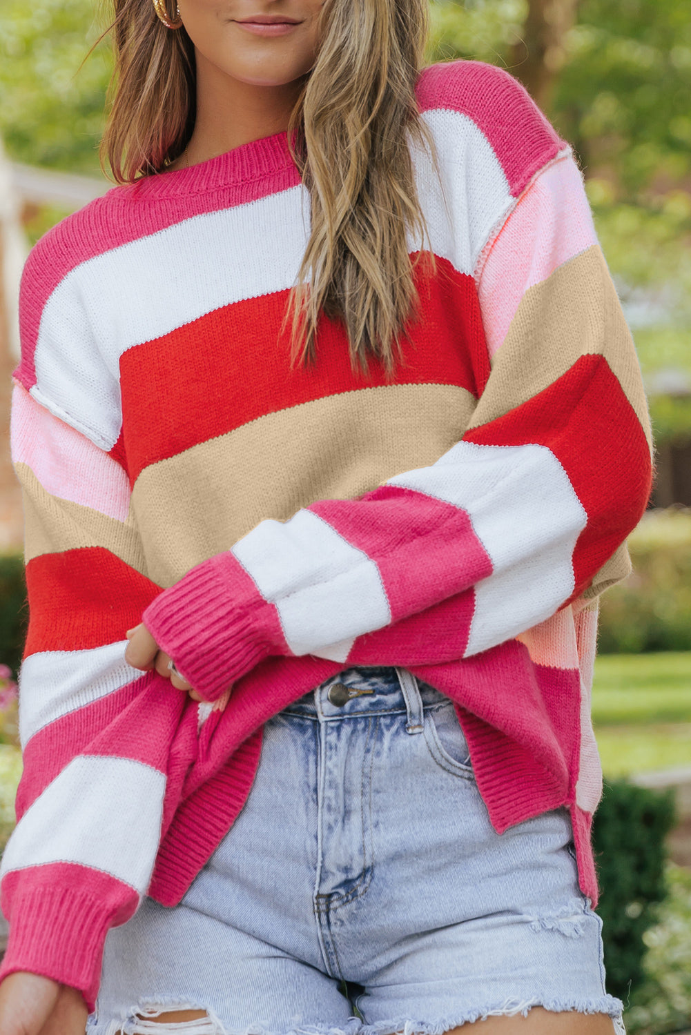 Fiery Red Mix Horizon Stripes Dolman Sleeve Sweater