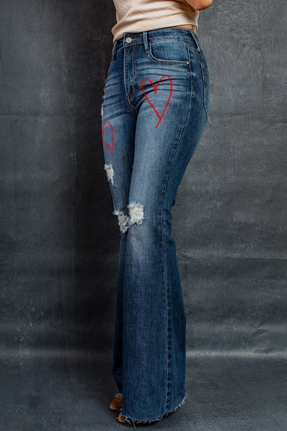 Blue Heart Print Ripped Bell Jeans