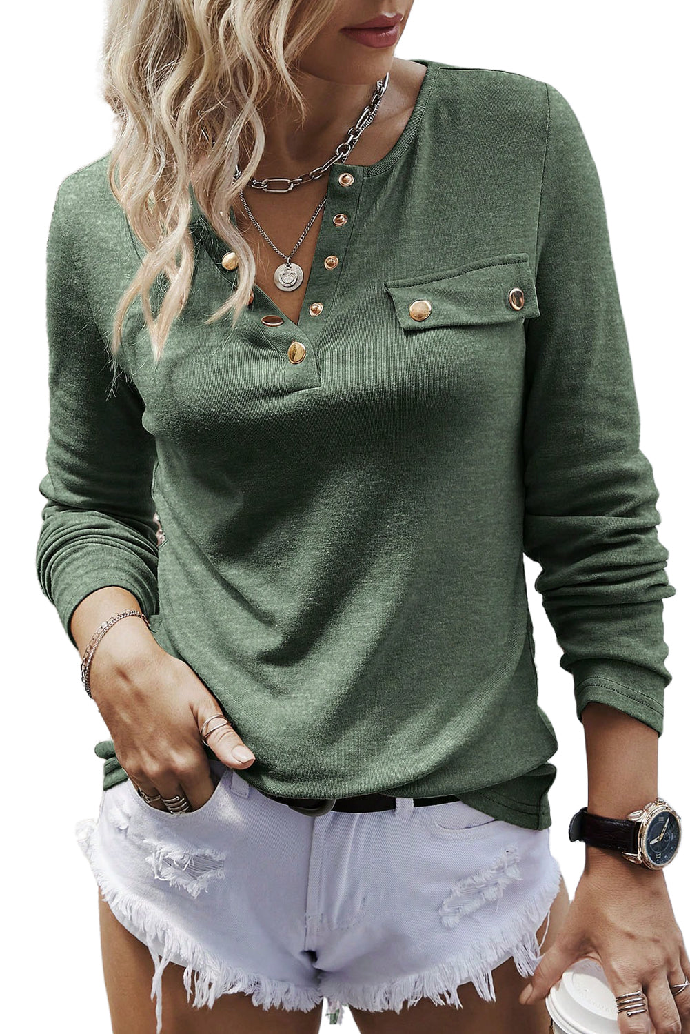 Majica Henley z dolgimi rokavi in ​​gumbi v meglično zeleni barvi