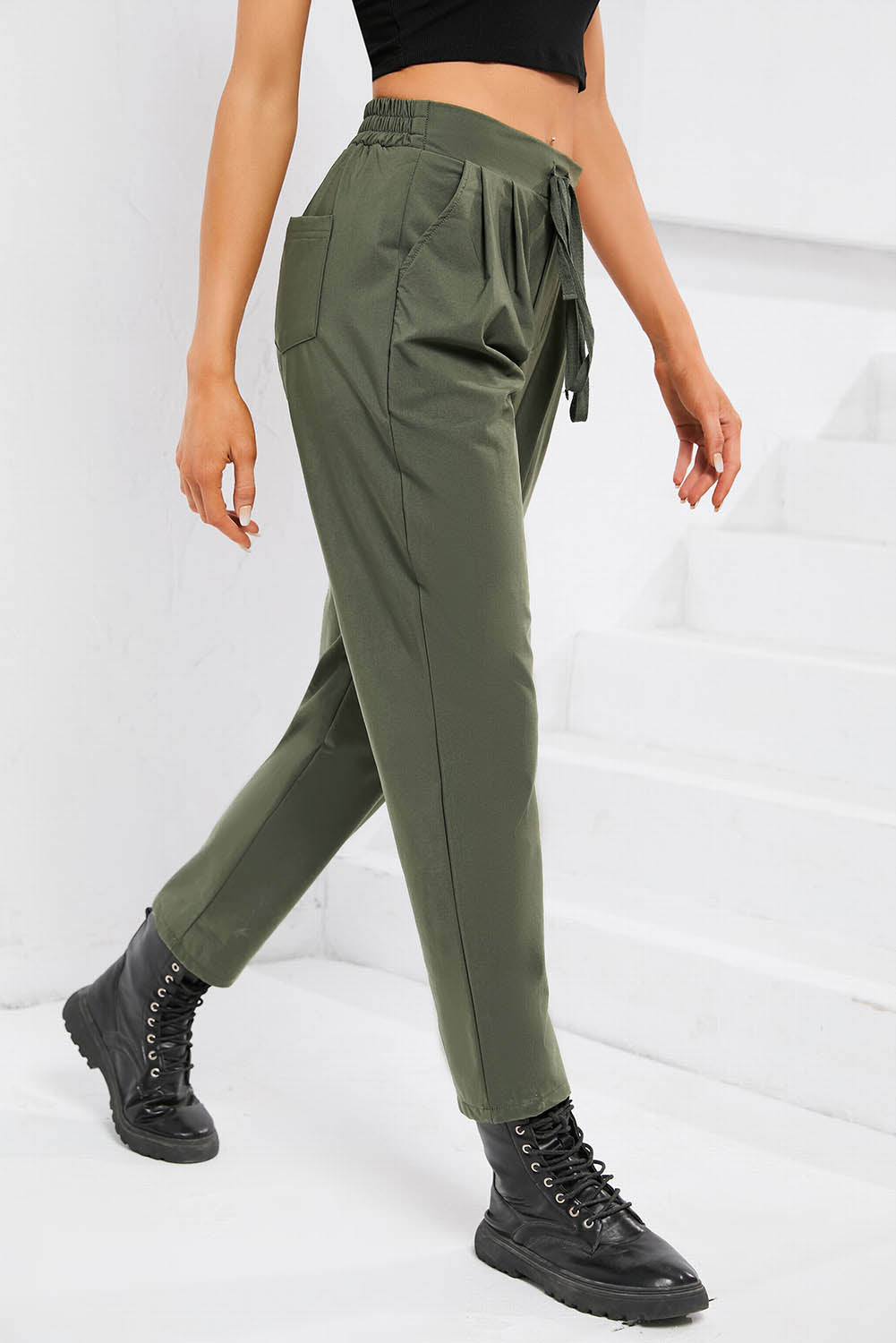 Pantaloni in vita con coulisse elastica casual verde