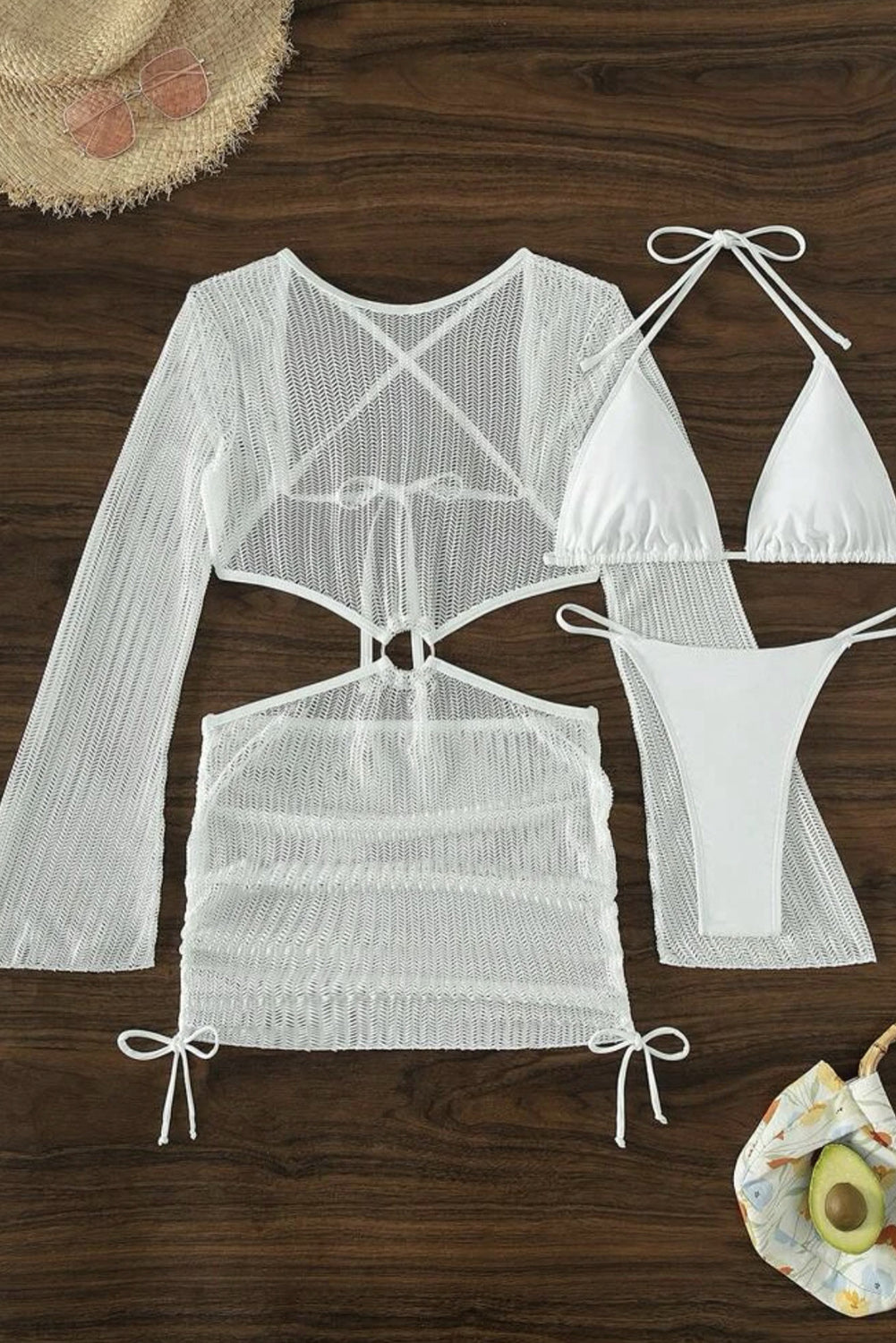 Bijeli mikro bikini od 3 komada s O-prstenom, kukičana haljina bez leđa, prekrijte
