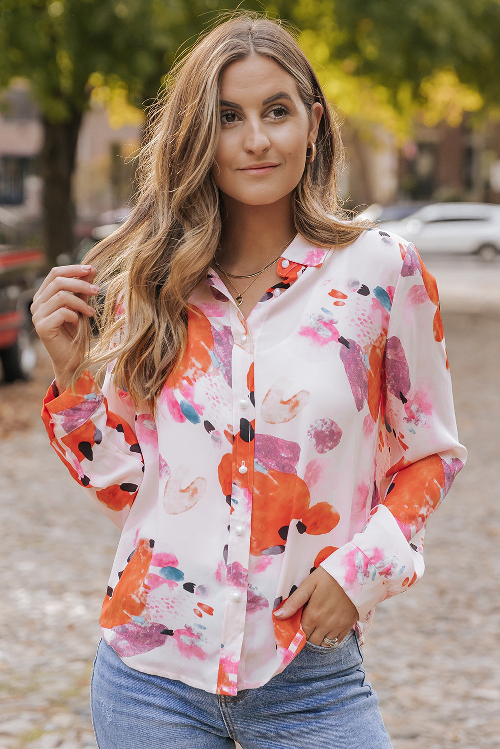 Multicolor Abstract Print Long Sleeve Button-Down Shirt