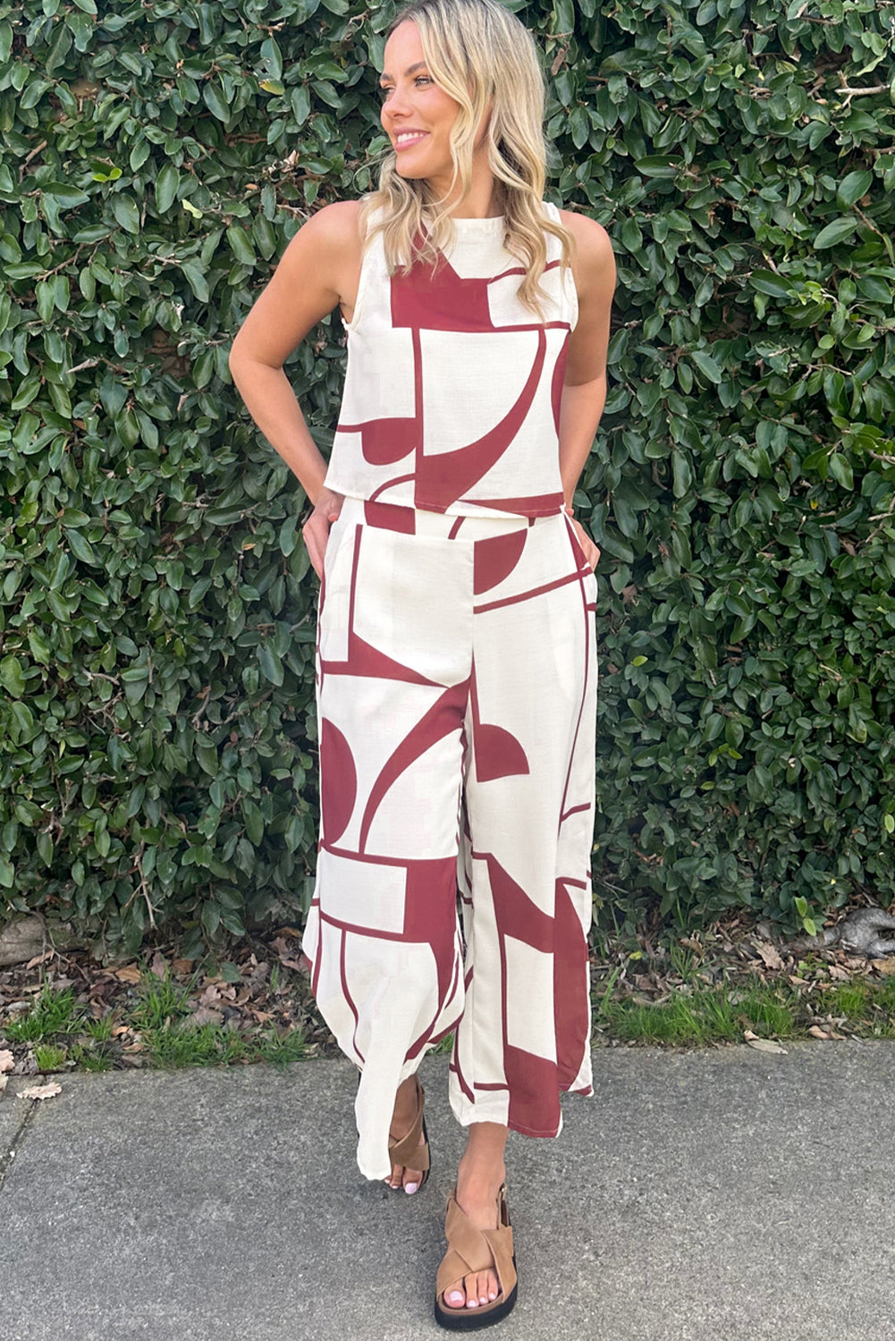 White Abstract Printed Button Back Vest and Wide Leg Pants Set