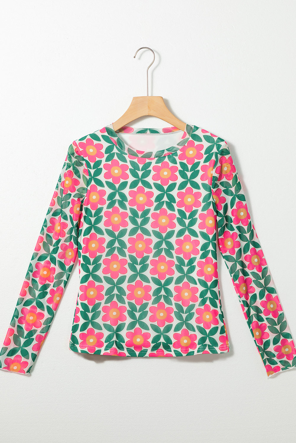 Fiery Red Retro Floral Print Stretchy Long Sleeve Top