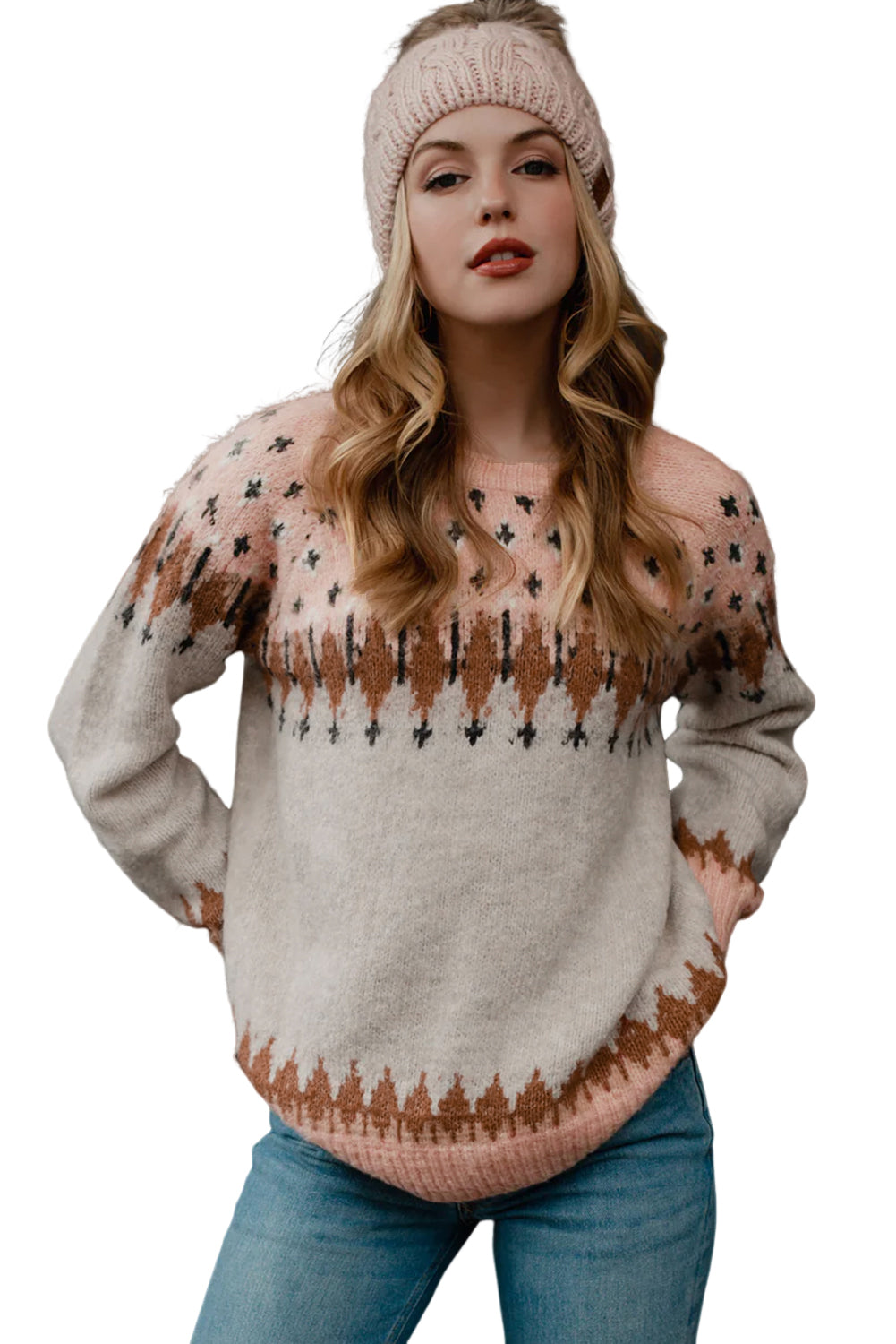 Večbarvni pulover z rokavi Raglan z mešanimi geometrijskimi detajli