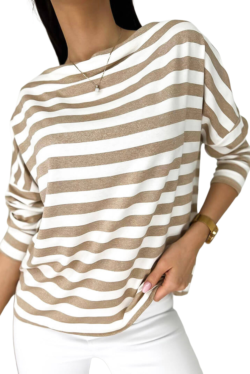 Khaki Striped Boat Neck Long Sleeve Top