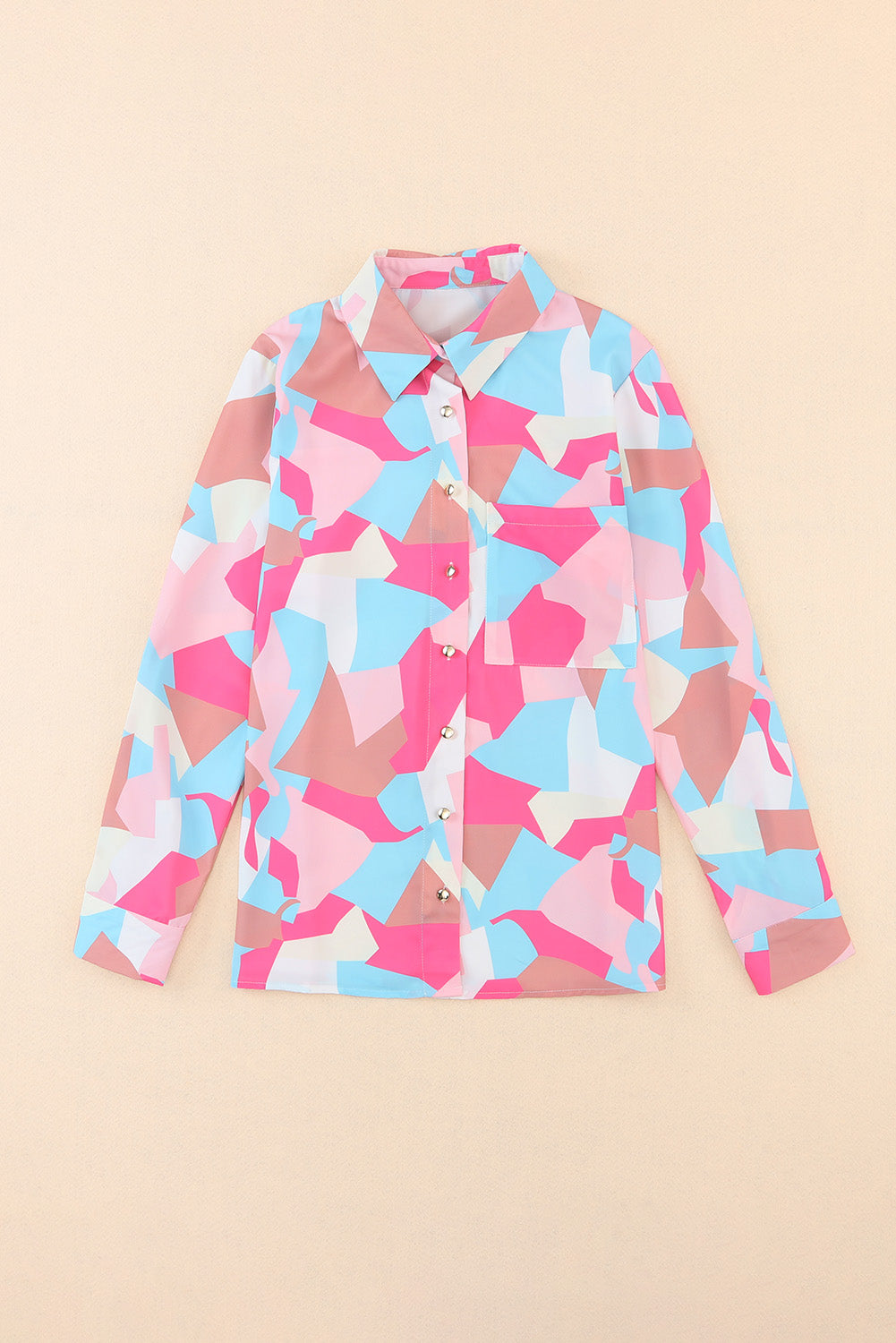 Rožnata srajca z rokavi z zavihki in potiskom geometrijskih blokov