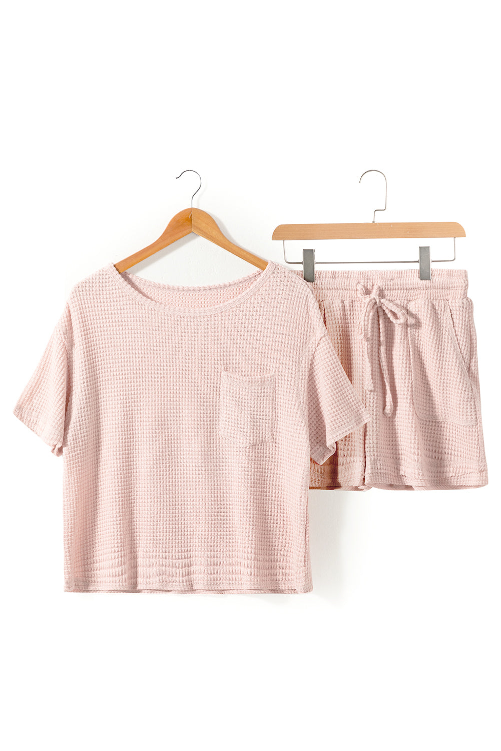 Ensemble t-shirt et short en tricot gaufré rose abricot à manches courtes