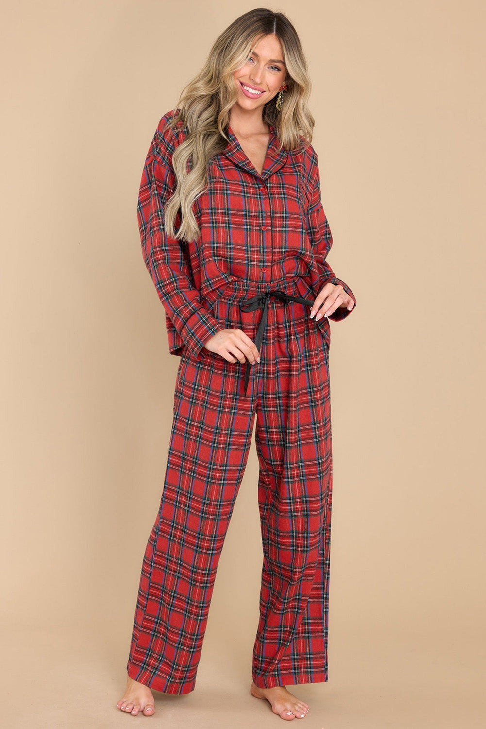 Fiery Red Tartan Plaid Print Long Sleeve Shirt and Pants Pajama Set