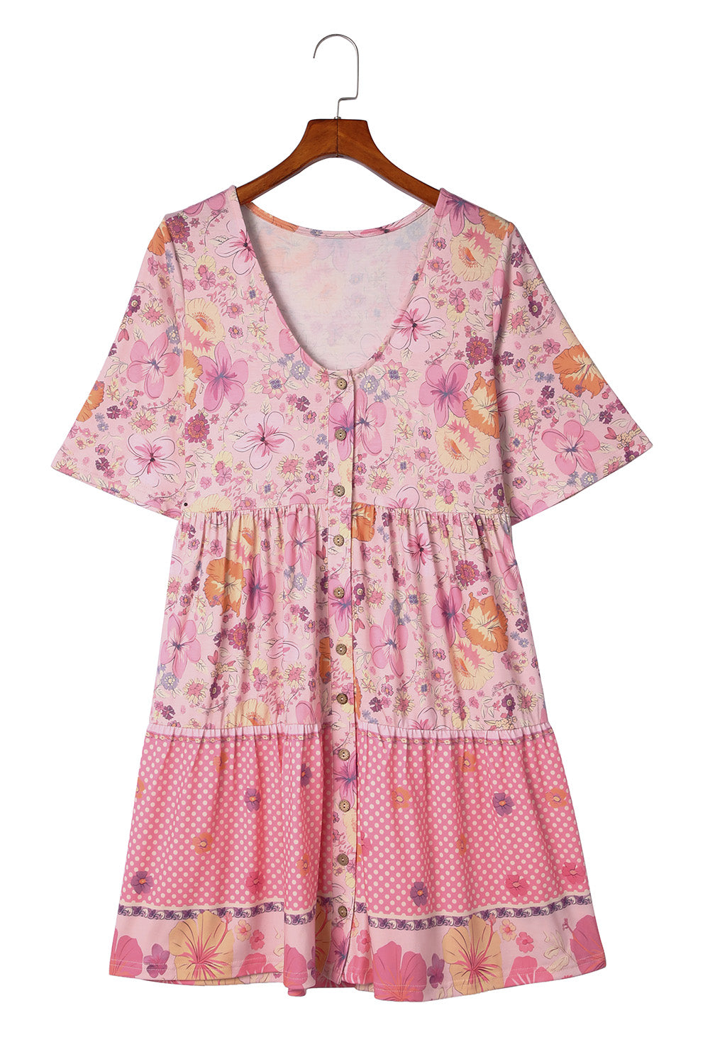 Mehrfarbiges Rüschen-Minikleid mit Hibiskusblüten-Print