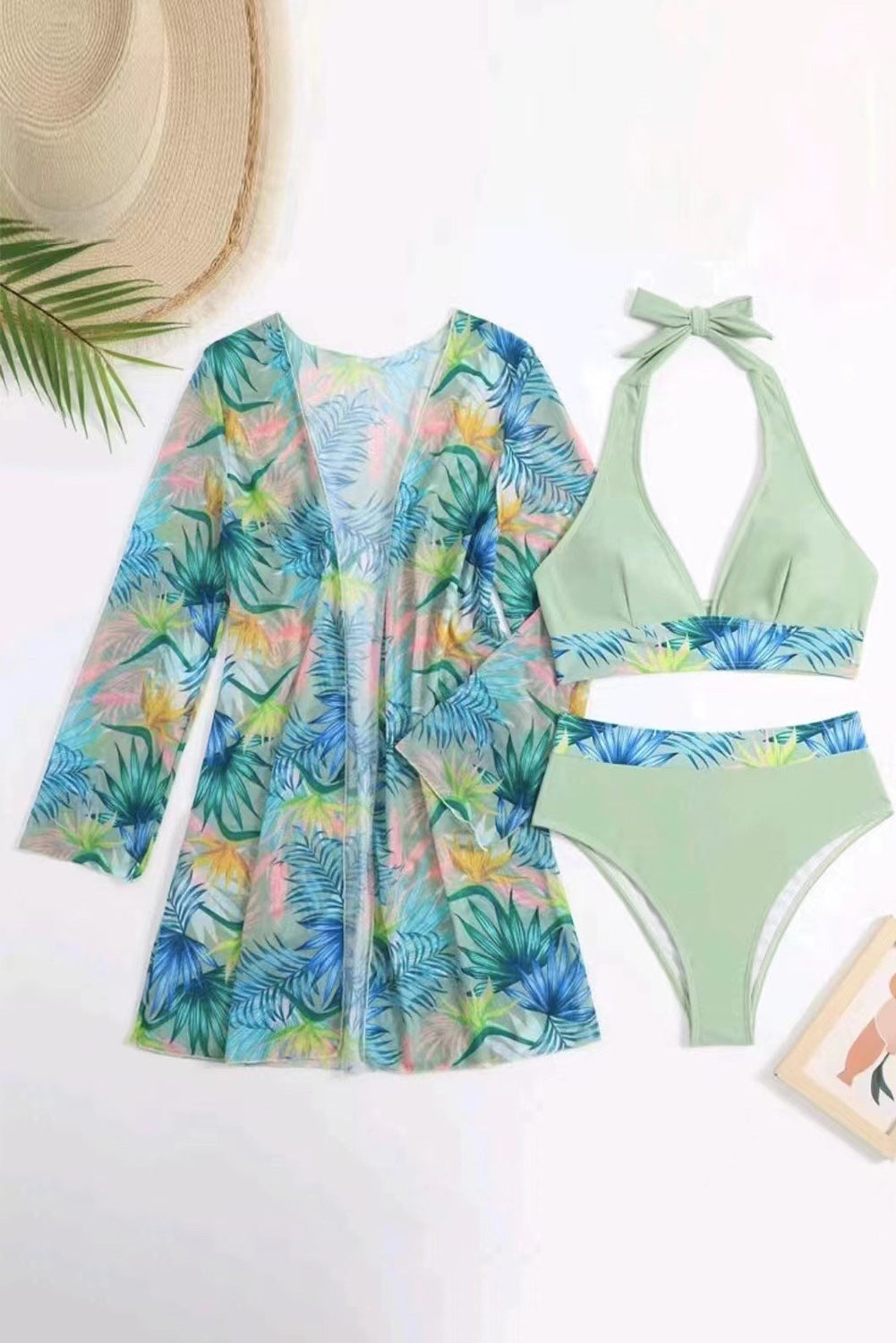Set bikini all'americana con finiture a contrasto tropicale, colore verde alloro, 3 pezzi, con copricostume