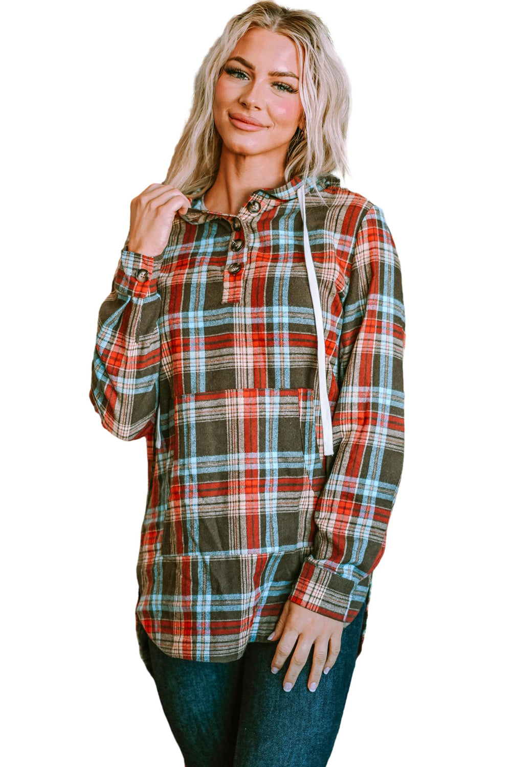 Brown Plaid Print High Low Oversized Hoodie with Slits