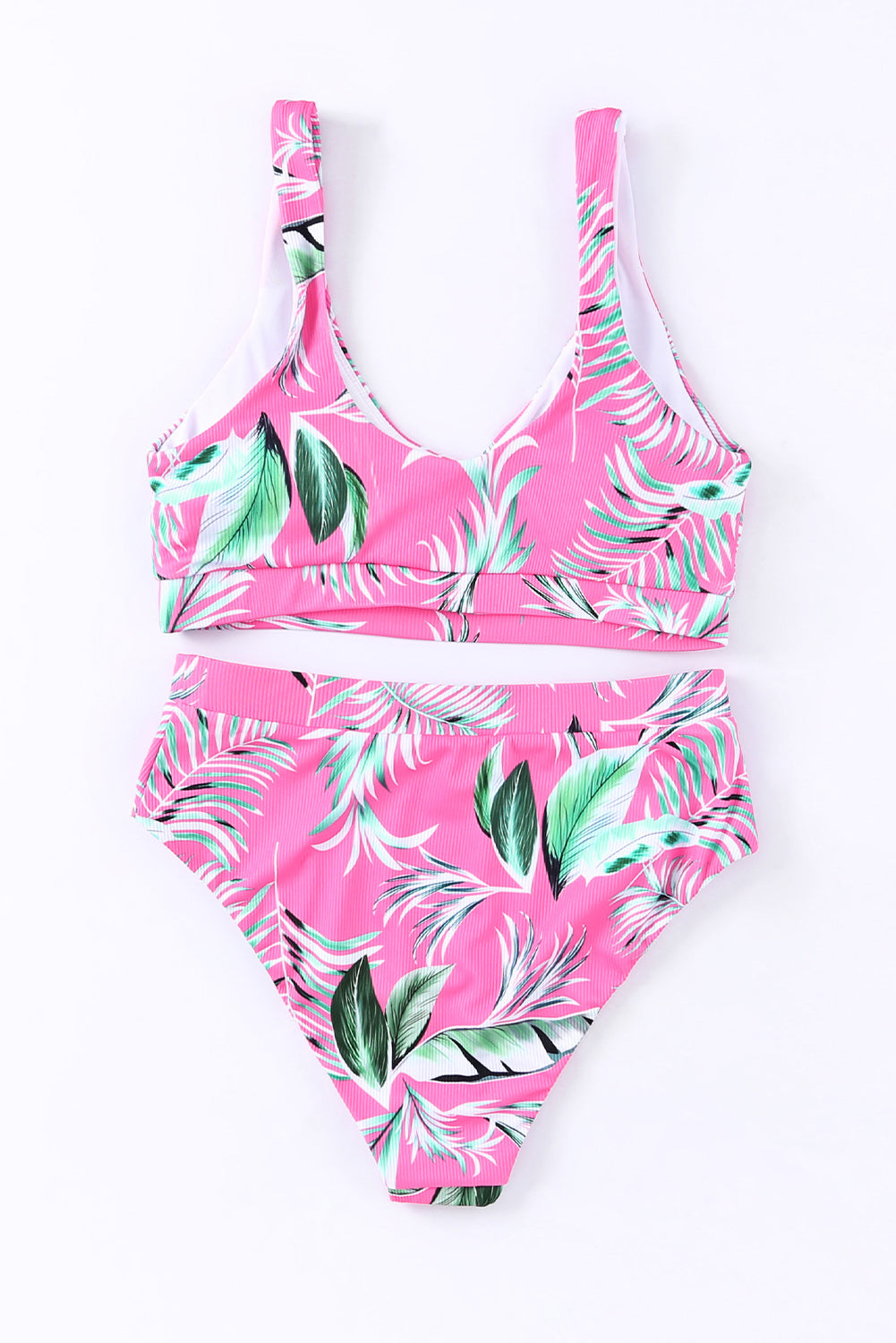 Bikini taille haute côtelé tropical à encolure dégagée rose