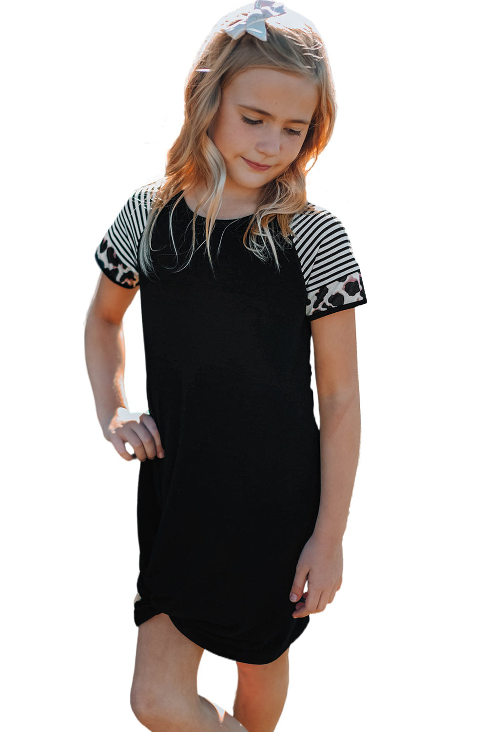 Gray Leopard Striped Splicing Twist Knot Kids Dress