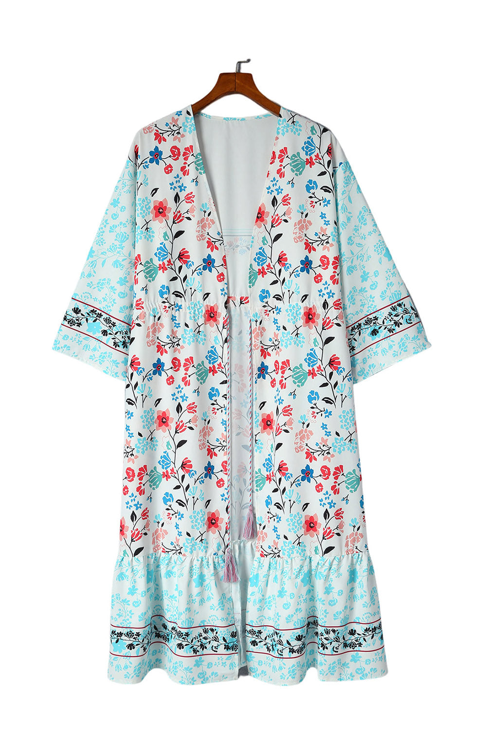 Mehrfarbiger, langärmliger Kimono mit Blumenmuster und Quastenbindung
