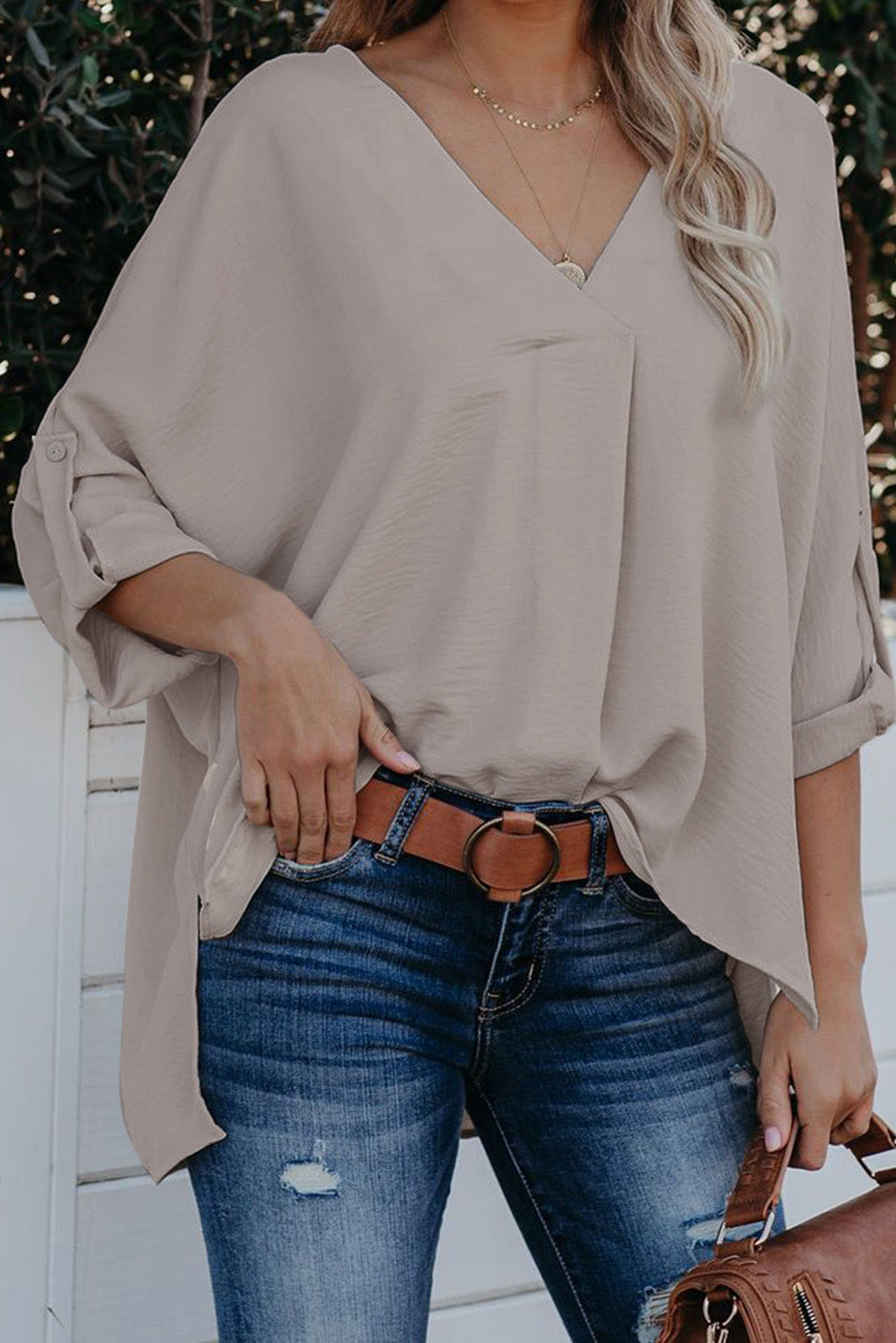 Blue V Neck 3/4 Sleeve High Low Hem Shirt