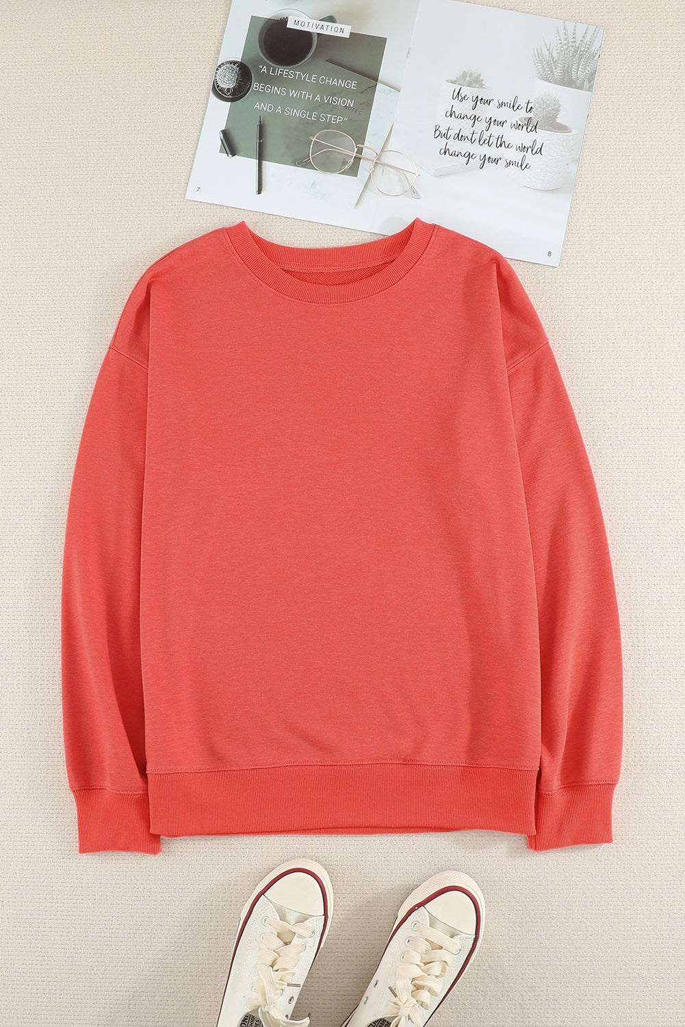 Fiery Red Plain Crew Neck Pullover Sweatshirt