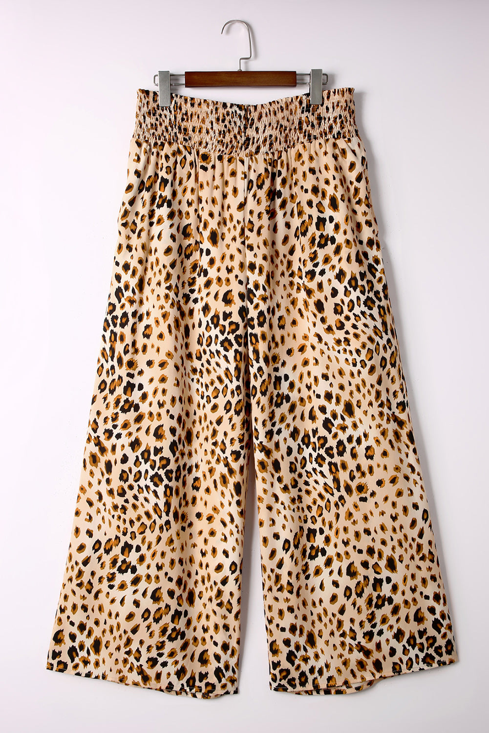 Leopard velike zadimljene hlače z visokim pasom in širokimi nogavicami