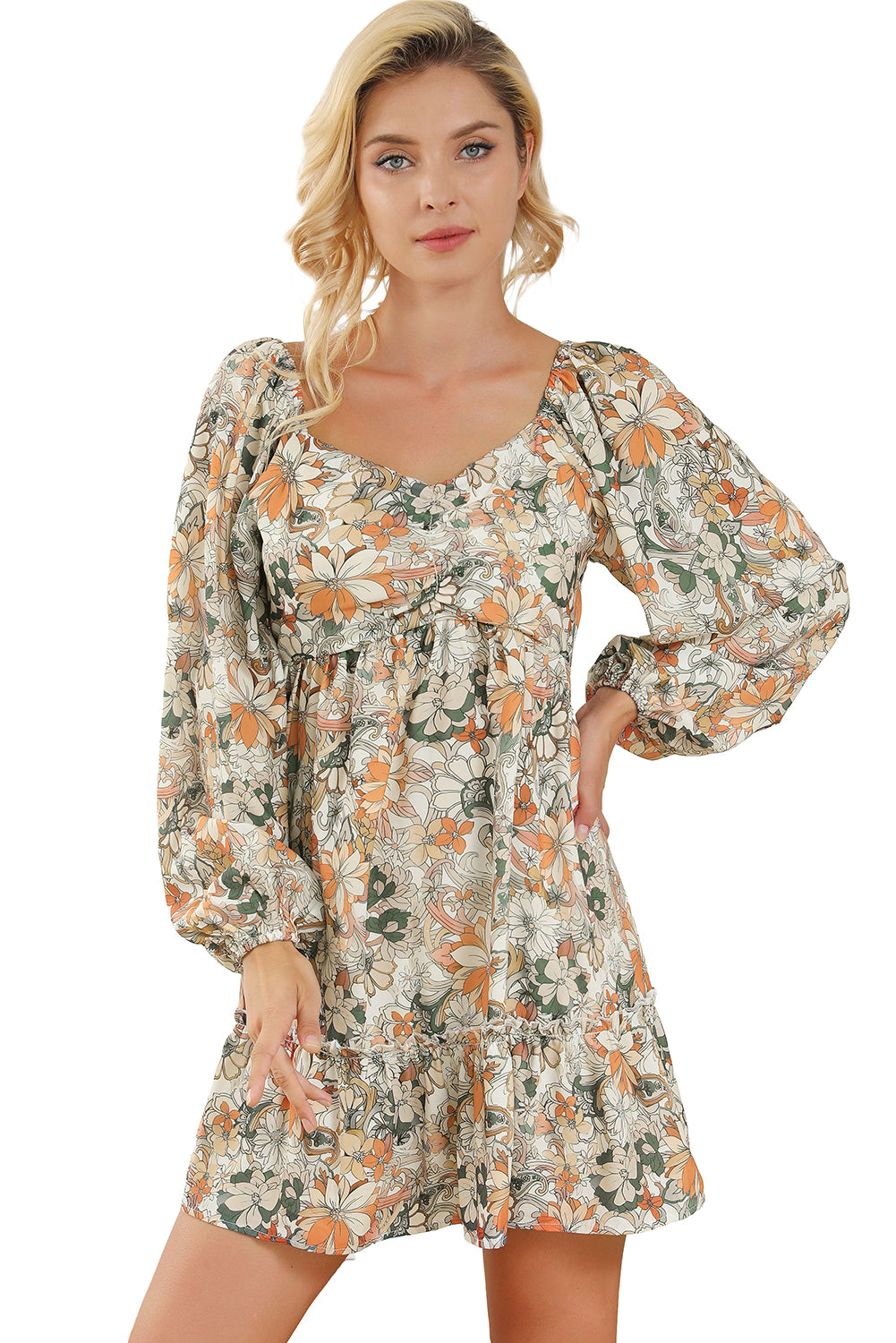 Mini-robe à imprimé floral et smockée au dos, manches bouffantes