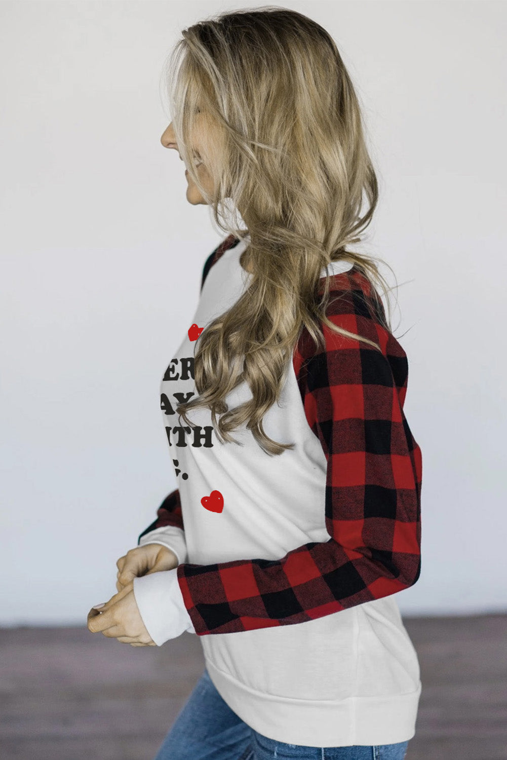 Valentine Letter Print Plaid Long Sleeve Sweatshirt