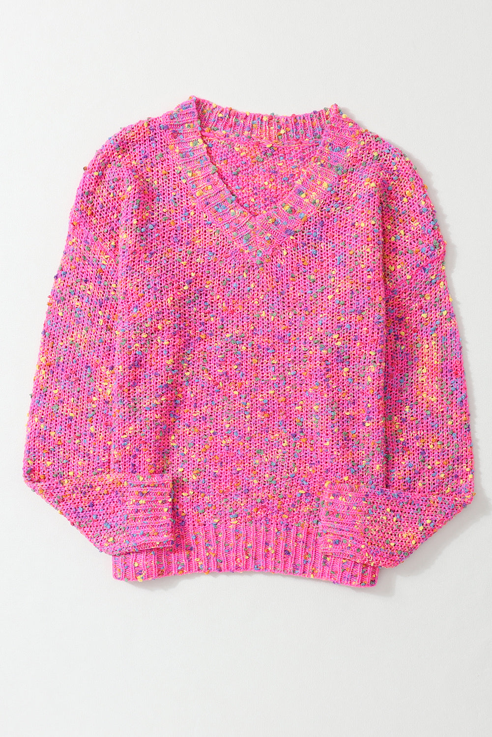Pull décontracté tricoté à pois colorés rose foncé à col en V