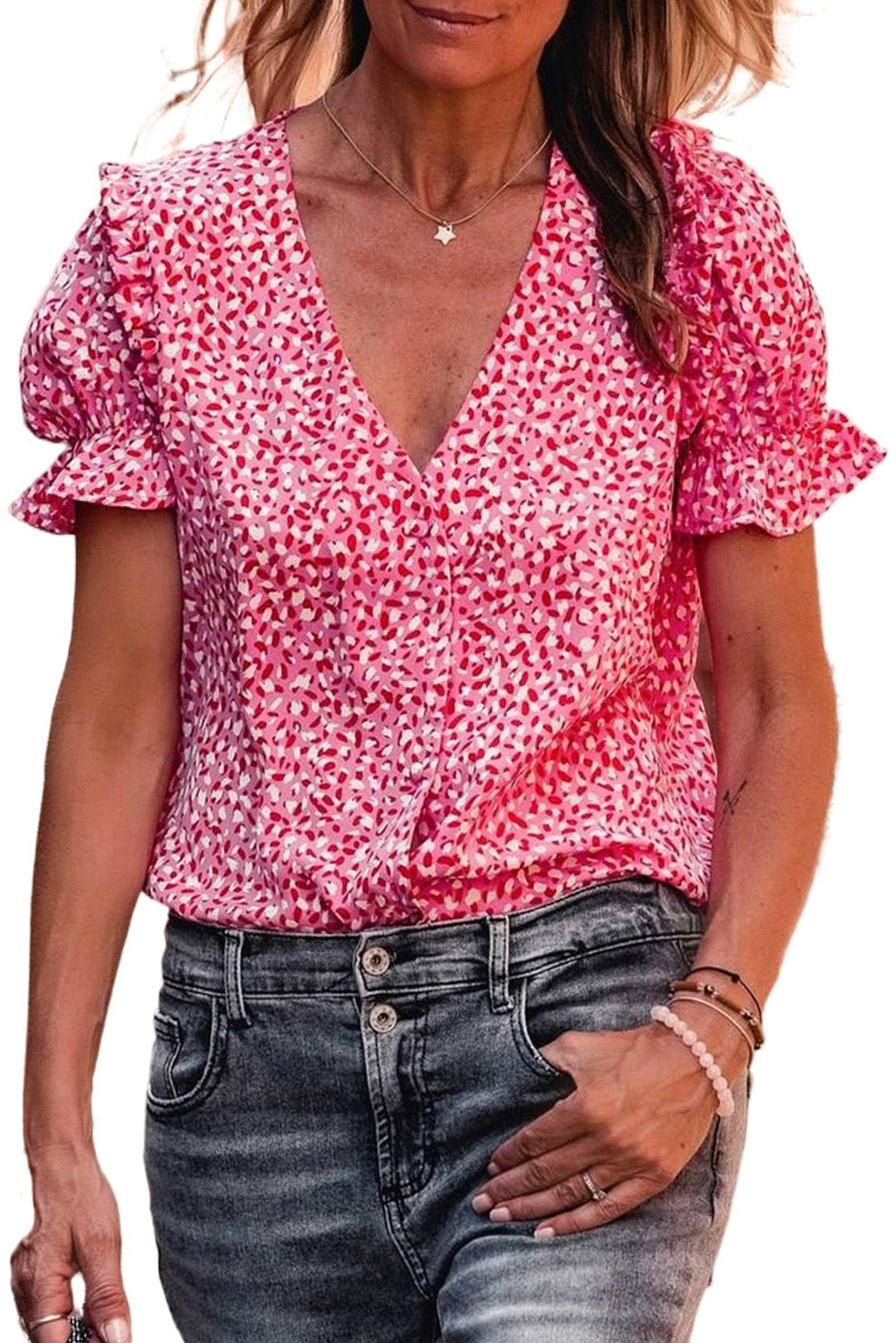 Pink Abstract Print Buttoned Ruffle Sleeve Shirt