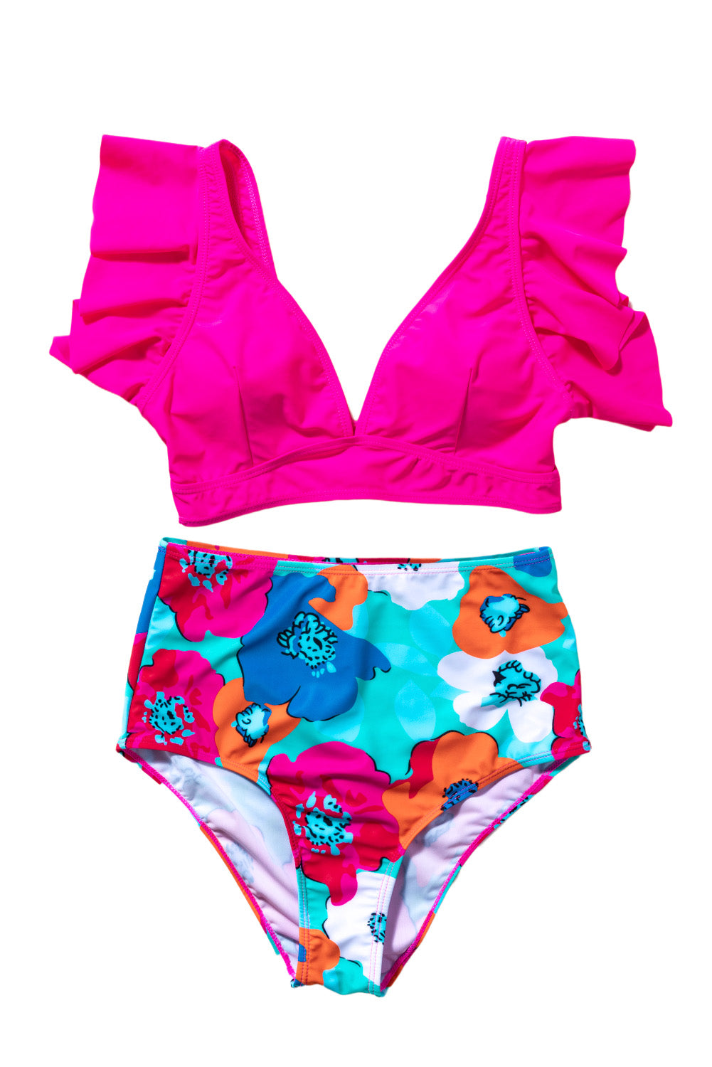 Bikini visokog struka s ružičastim V izrezom i cvjetnim uzorkom