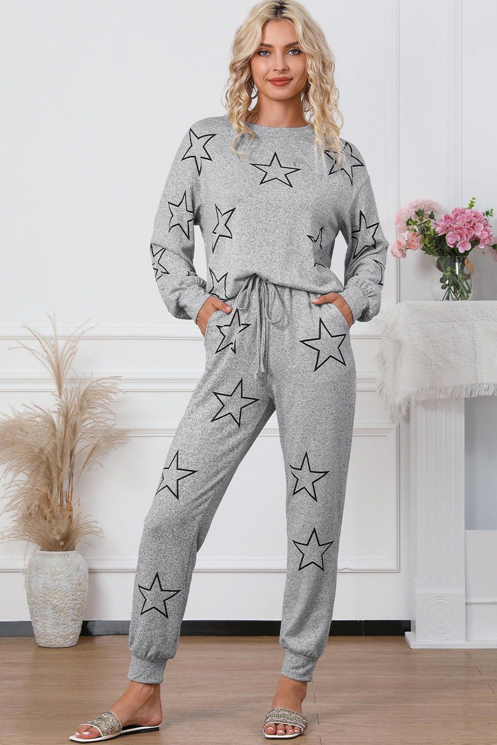 Black Stars Print Long Sleeve Drawstring High Waist Lounge Set