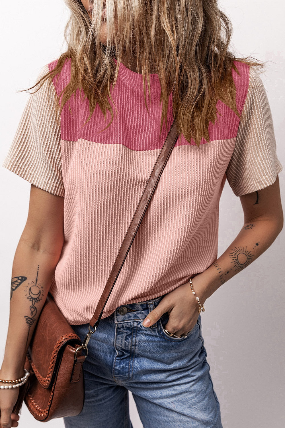 T-shirt color block texturé côtelé rose