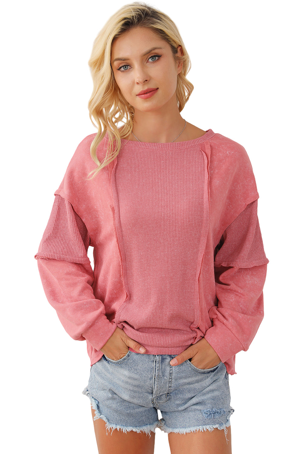 Patchwork-Sweatshirt mit freiliegenden Nähten in Rose Mineral Wash