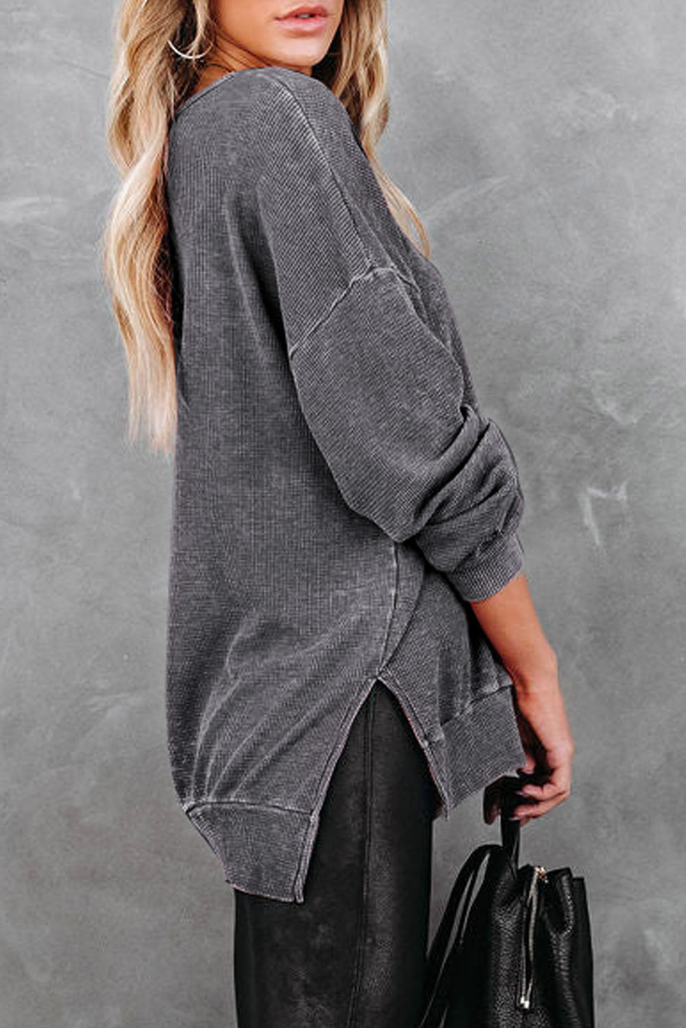 Gray Waffle Knit Side Slit Pullover Top