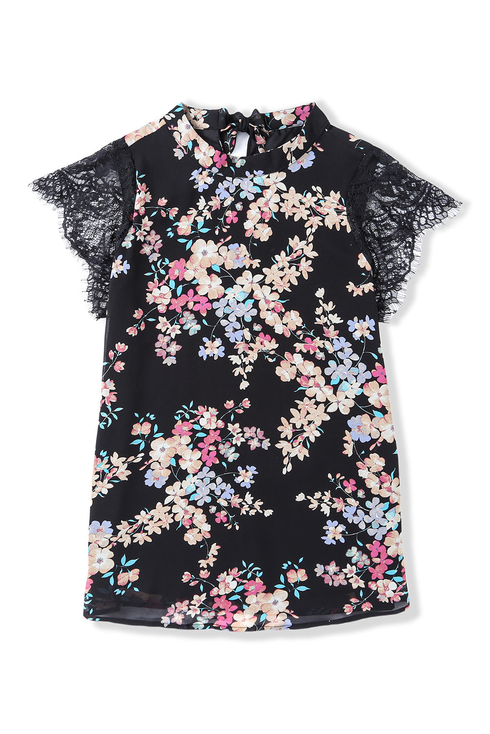 Črna elegantna bluza s čipkastimi rokavi s cvetličnim vzorcem