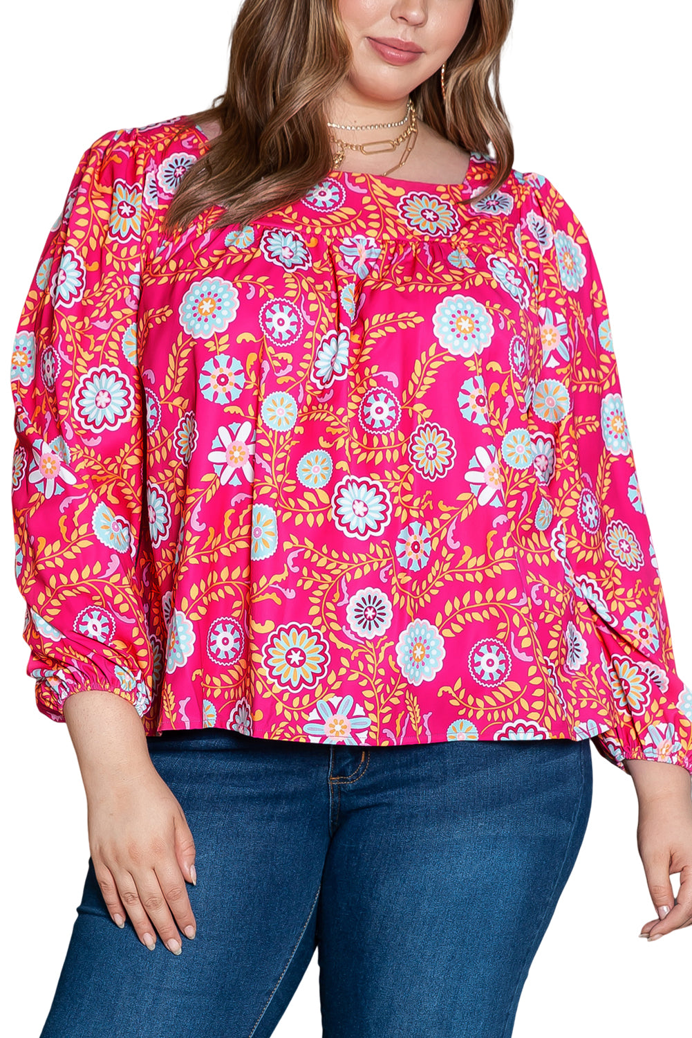 Rosa Plus-Size-Bluse mit eckigem Ausschnitt und Blumenmuster