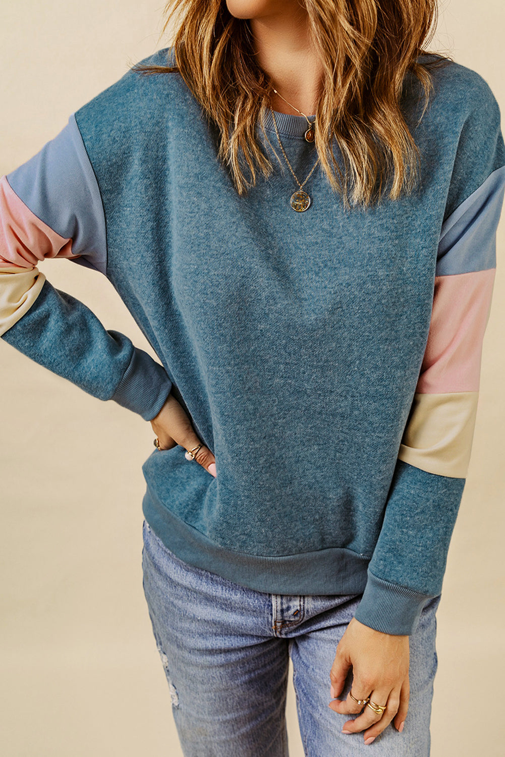 Blaues Colorblock-Langarm-Pullover-Sweatshirt